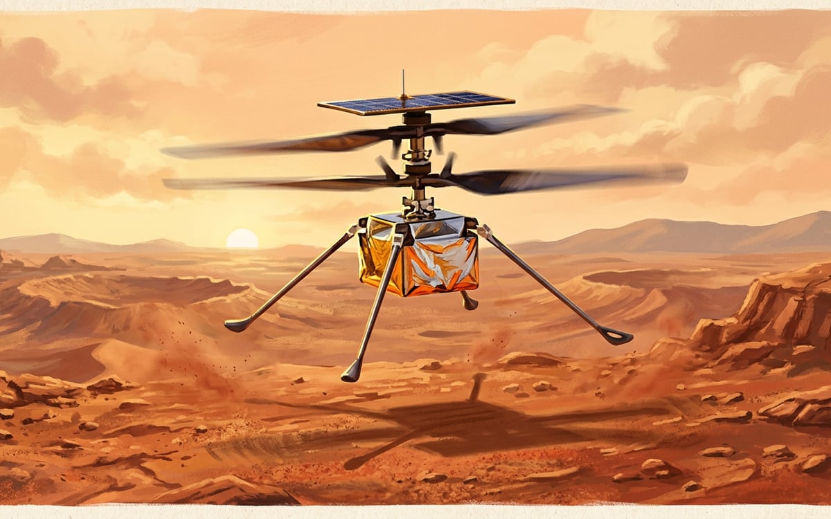 A painting of the Ingenuity helicopter flying above red, dusty Mars ground.